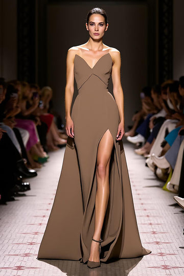 Coffee Strapless A Line Evening Dress with Slit